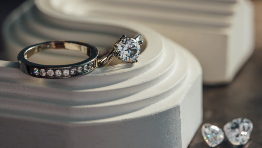 Diamond Engagement Ring close up on hand