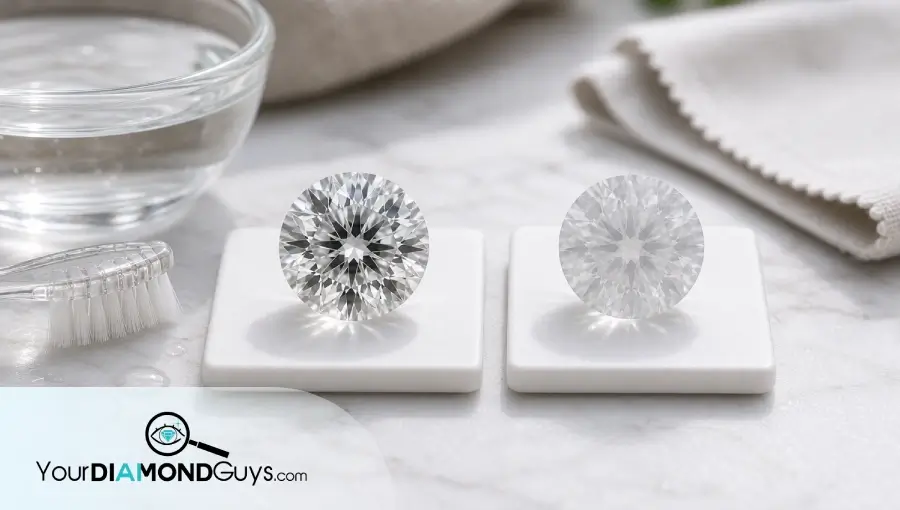 Natural macro photo comparing a crisp cleaned lab diamond with a softly hazy lab diamond beside jewelry cleaning tools.