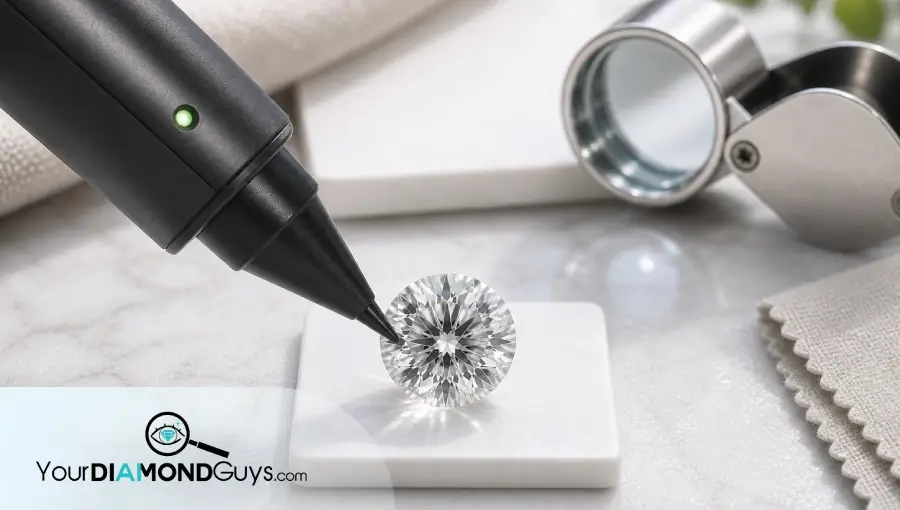 Natural macro photo of a loose lab diamond being checked with an unbranded diamond tester and loupe.