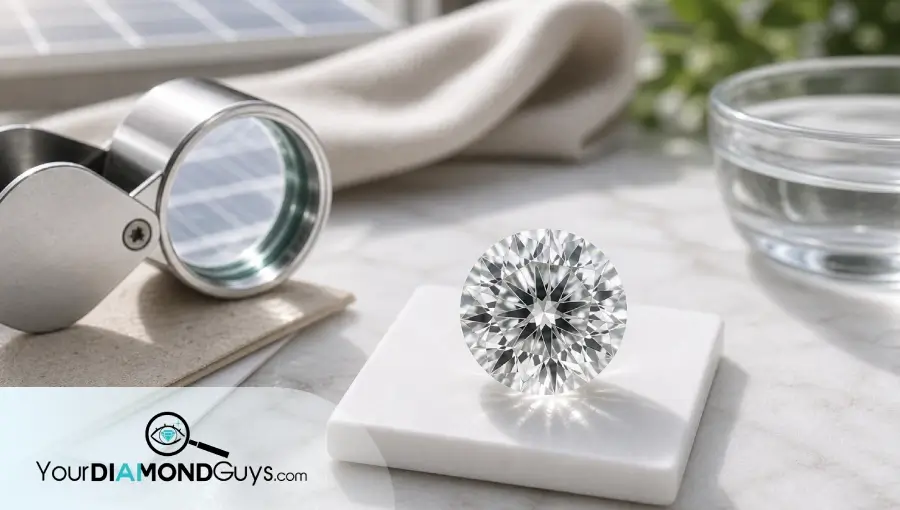 Natural macro photo of a lab diamond beside a loupe, blank proof cards, greenery, and subtle solar reflection cues.