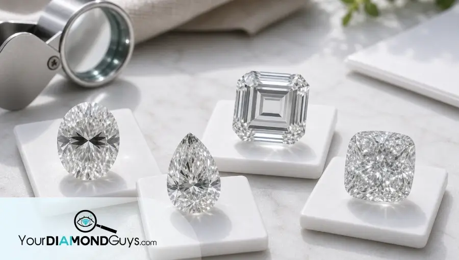 Natural macro photo of fancy shape lab diamonds showing oval bow tie, pear tip darkness, emerald windowing, and cushion facet mush.