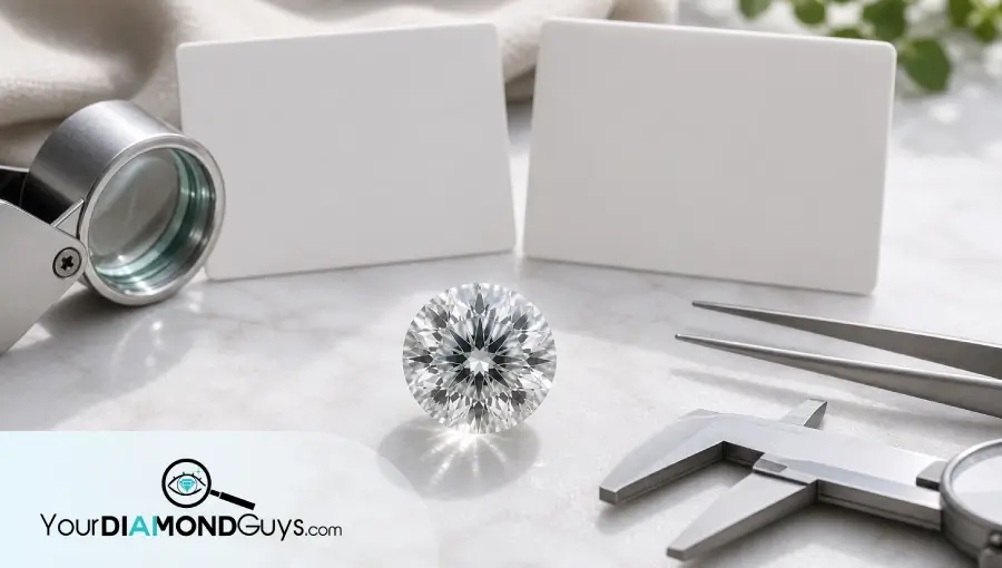 Natural macro photo of a lab diamond with blank grading cards, loupe, and calipers for report comparison and verification