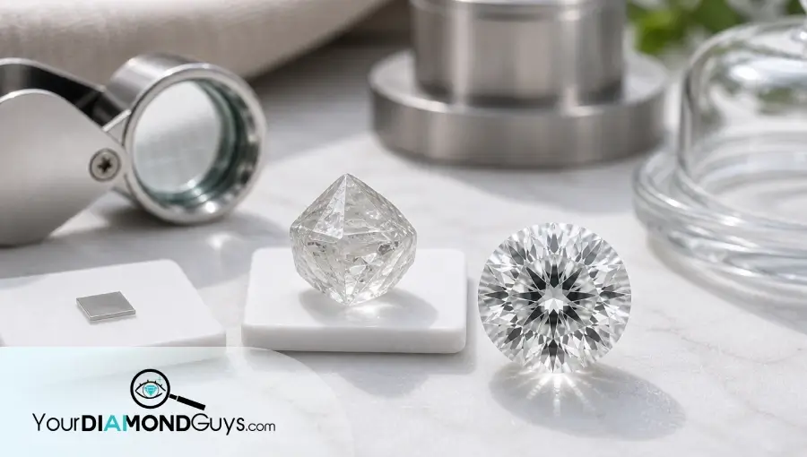 Natural macro photo showing a diamond seed plate, rough grown crystal, and finished lab grown diamond