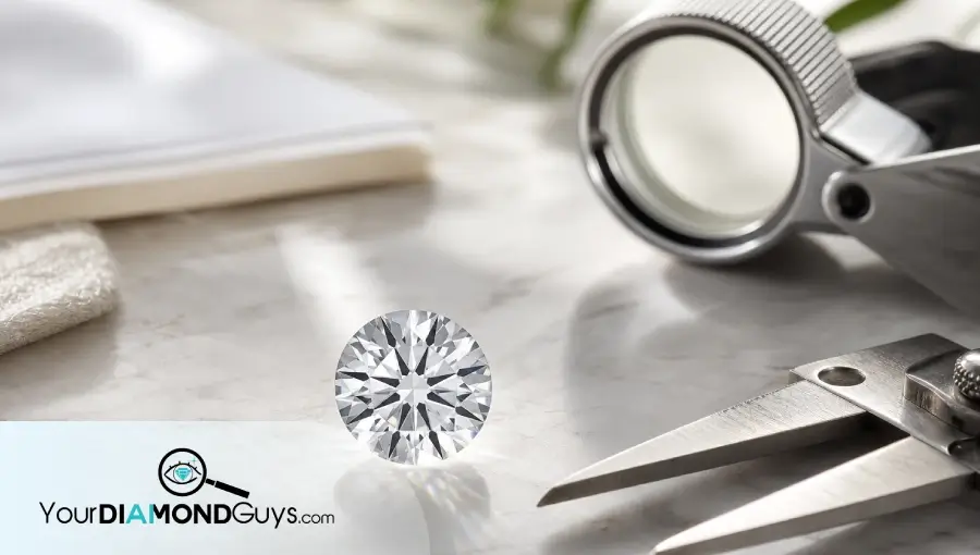 Natural macro photo of a loose round brilliant lab diamond with loupe, calipers, and blurred report edge for IGI report verification