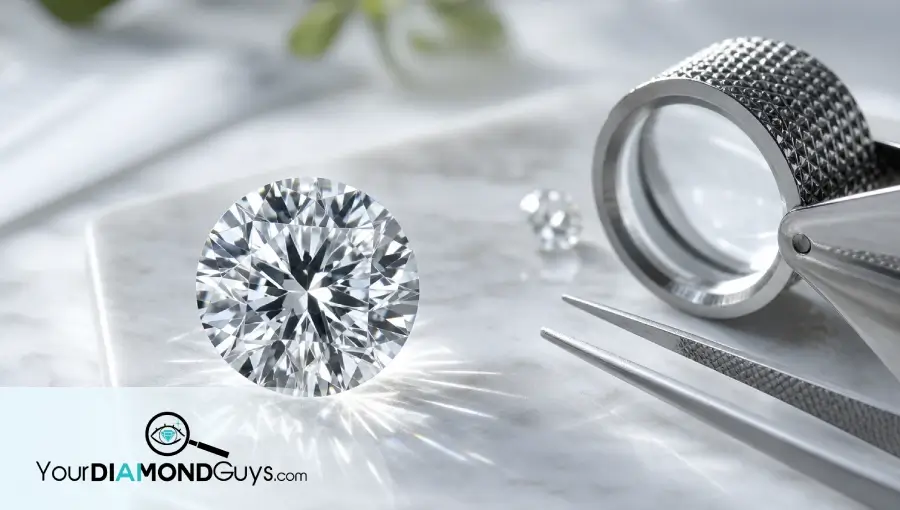 Ultra realistic lab grown diamond buying guide image showing a loose diamond, loupe, and tweezers in a clean inspection setup.