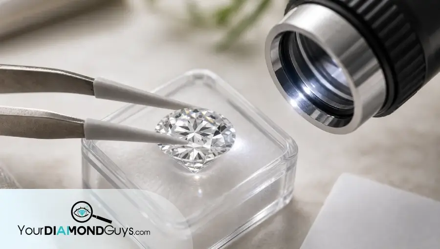 Natural macro photo of a loose lab diamond held in soft-tip tweezers under an inspection lens for laser inscription verification.