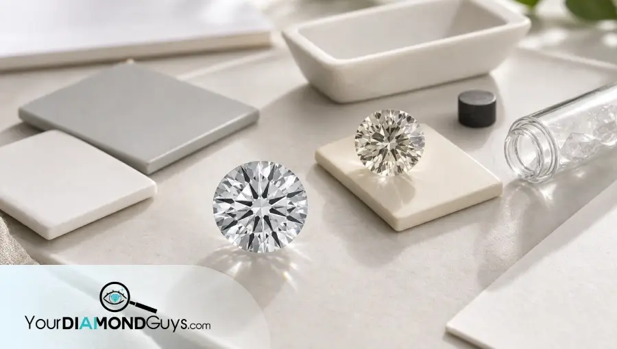 Natural macro photo of neutral and faint warm lab diamonds with treatment review props, blank swatches, ceramic tray, graphite puck, and quartz vial.
