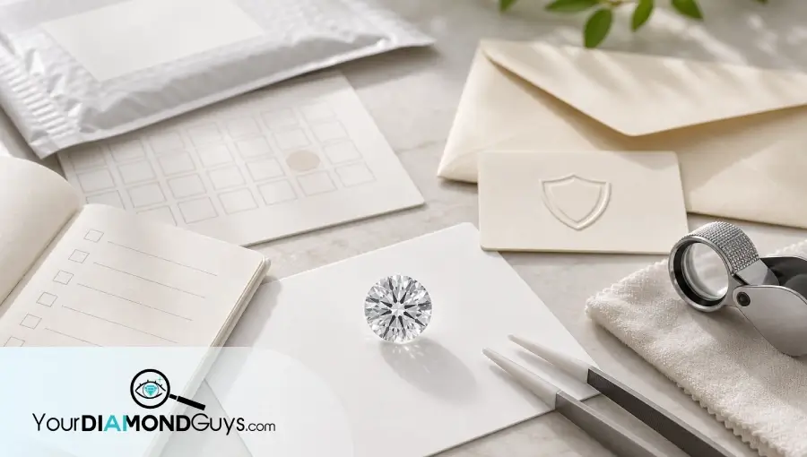 Natural macro photo of a loose lab diamond with blank checklist notebook, calendar card, padded return mailer, warranty shield card, loupe, tweezers, cloth, and envelope.