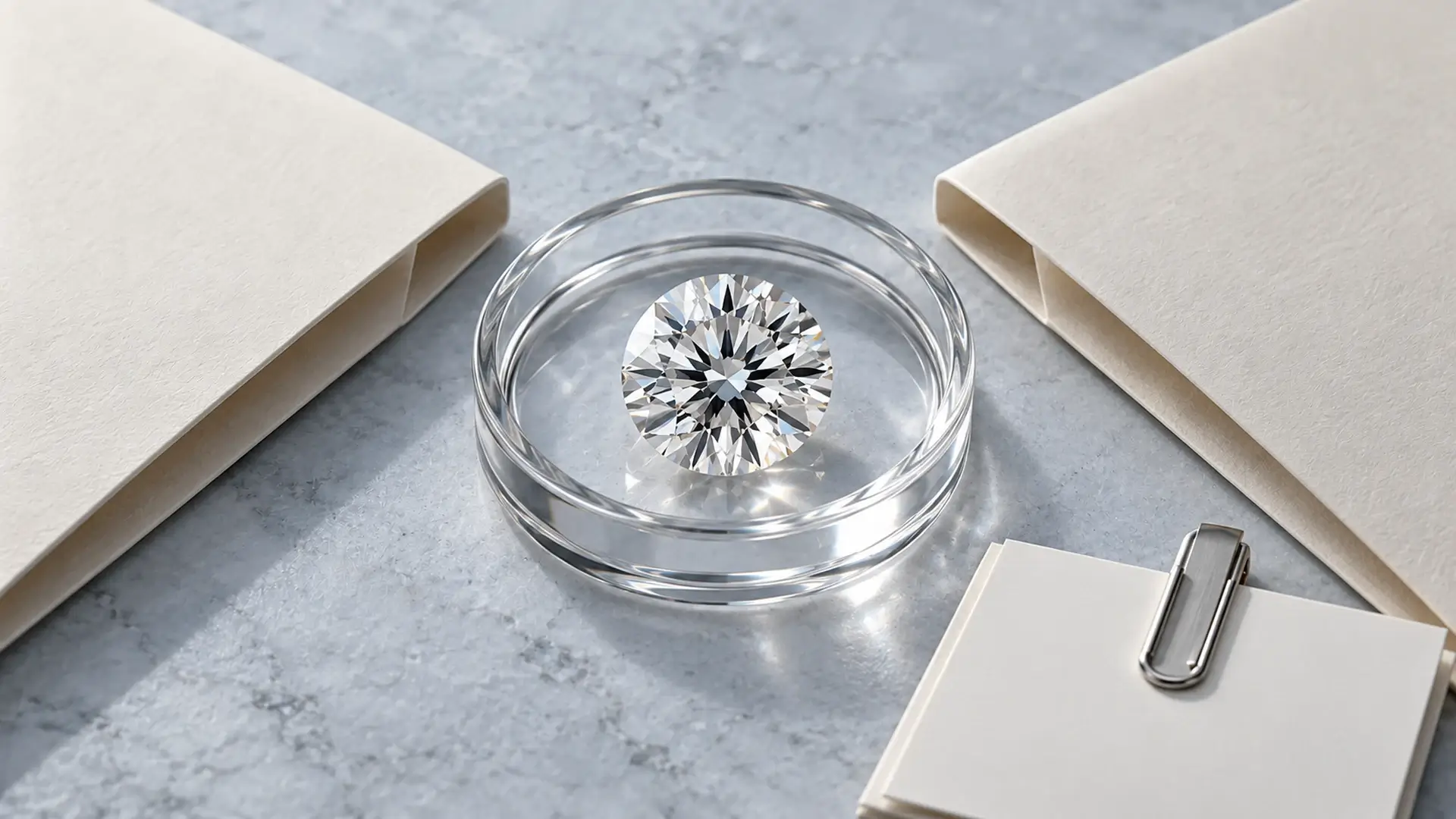 A round diamond between two matching offer sleeves and a clipped blank quote card.
