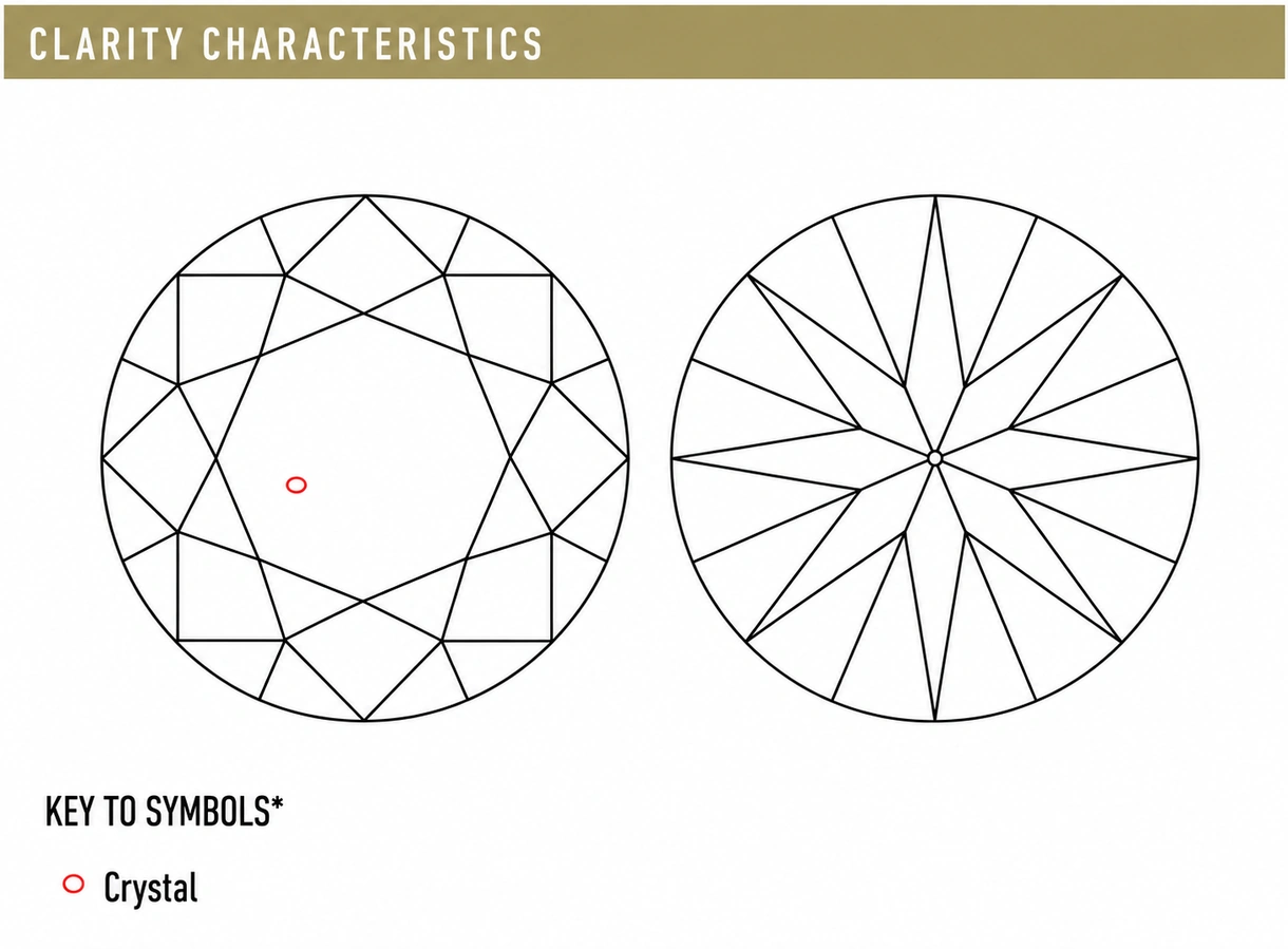 Sample diamond clarity plot with a red crystal symbol in the left crown view, a right pavilion view and the Crystal key