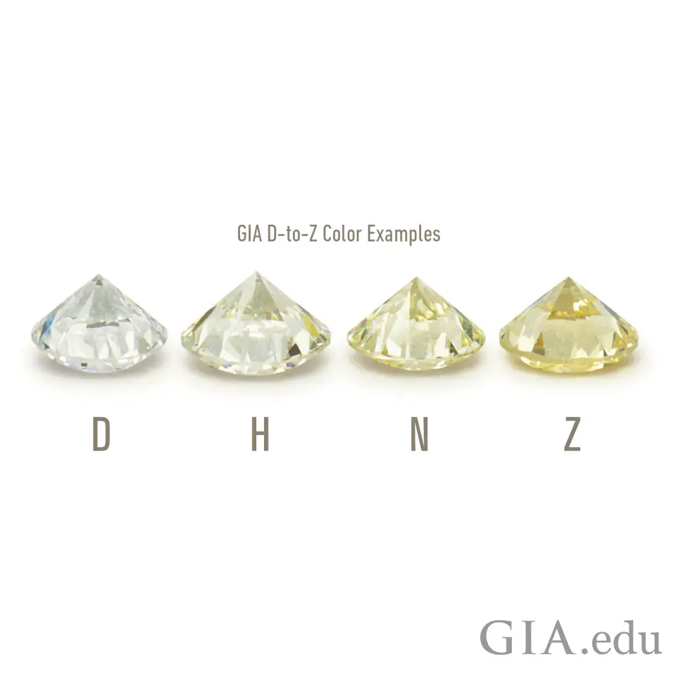 GIA comparison of four diamonds labeled D, H, N, and Z, showing progressively warmer body color.