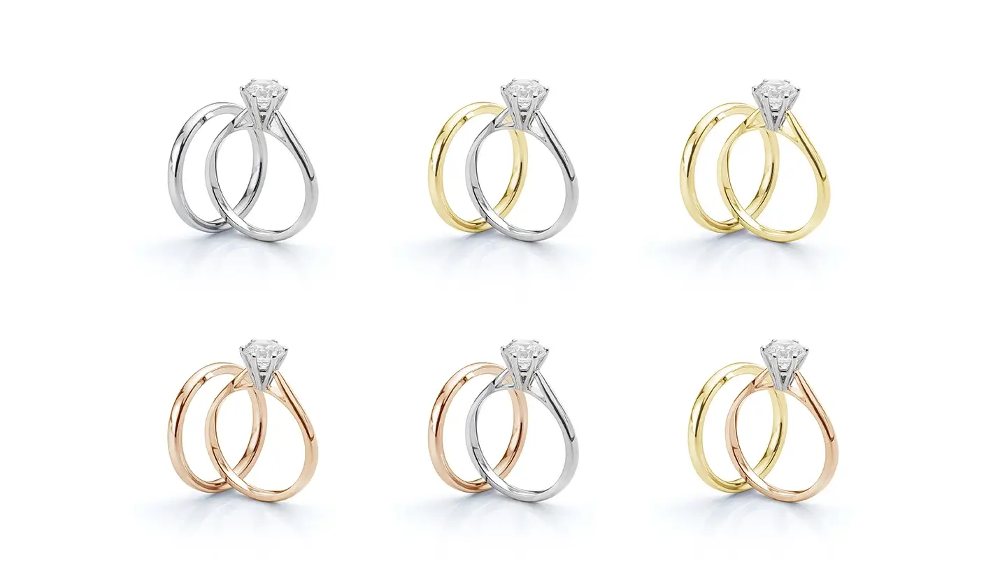 Six GIA examples of solitaire engagement rings and wedding bands in white, yellow, and rose colored metal combinations.