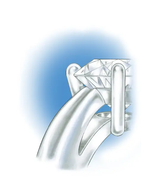 GIA side view illustration of a round diamond seated in a platinum four prong setting.