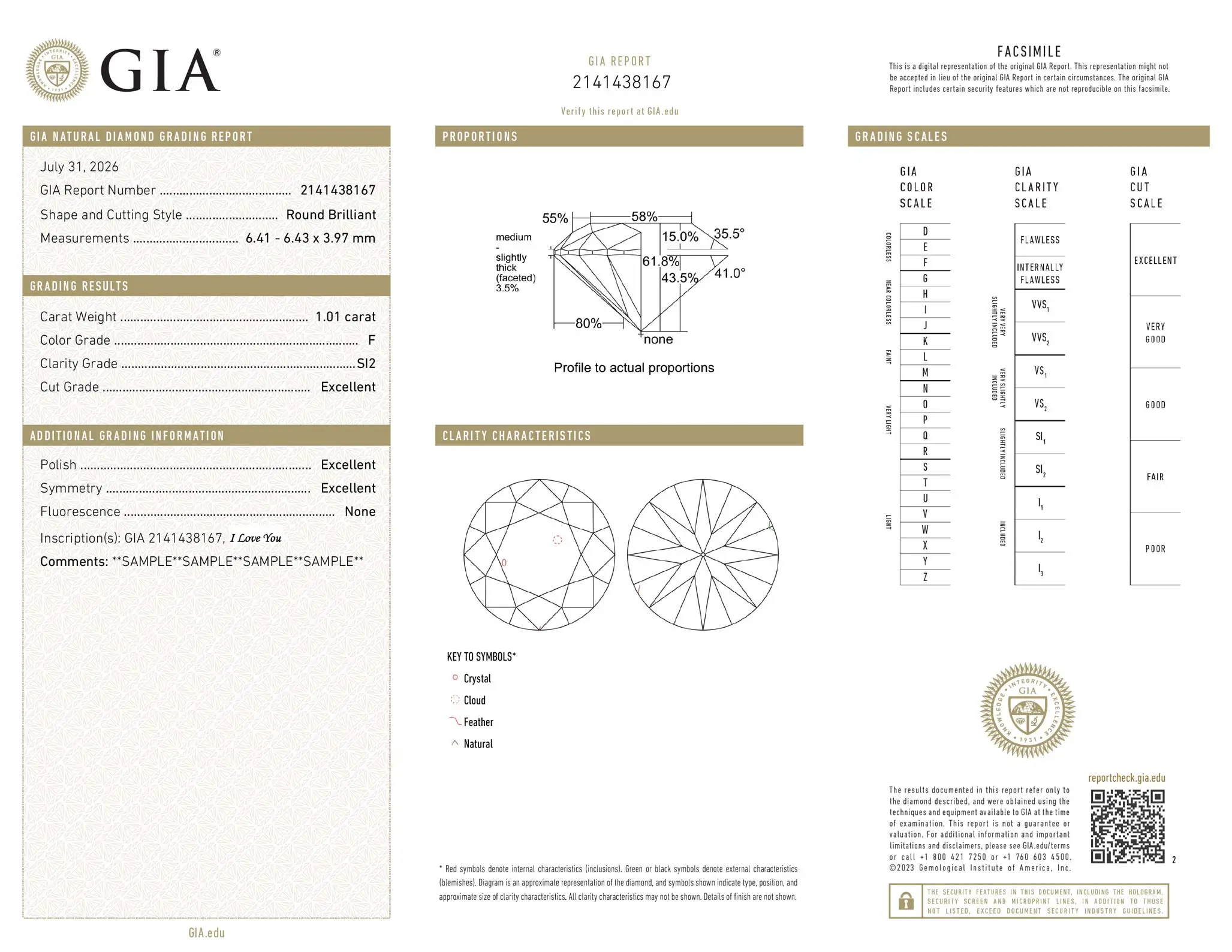 GIA sample natural diamond grading report, showing the report number, measurements, proportions, grades, and clarity plot.