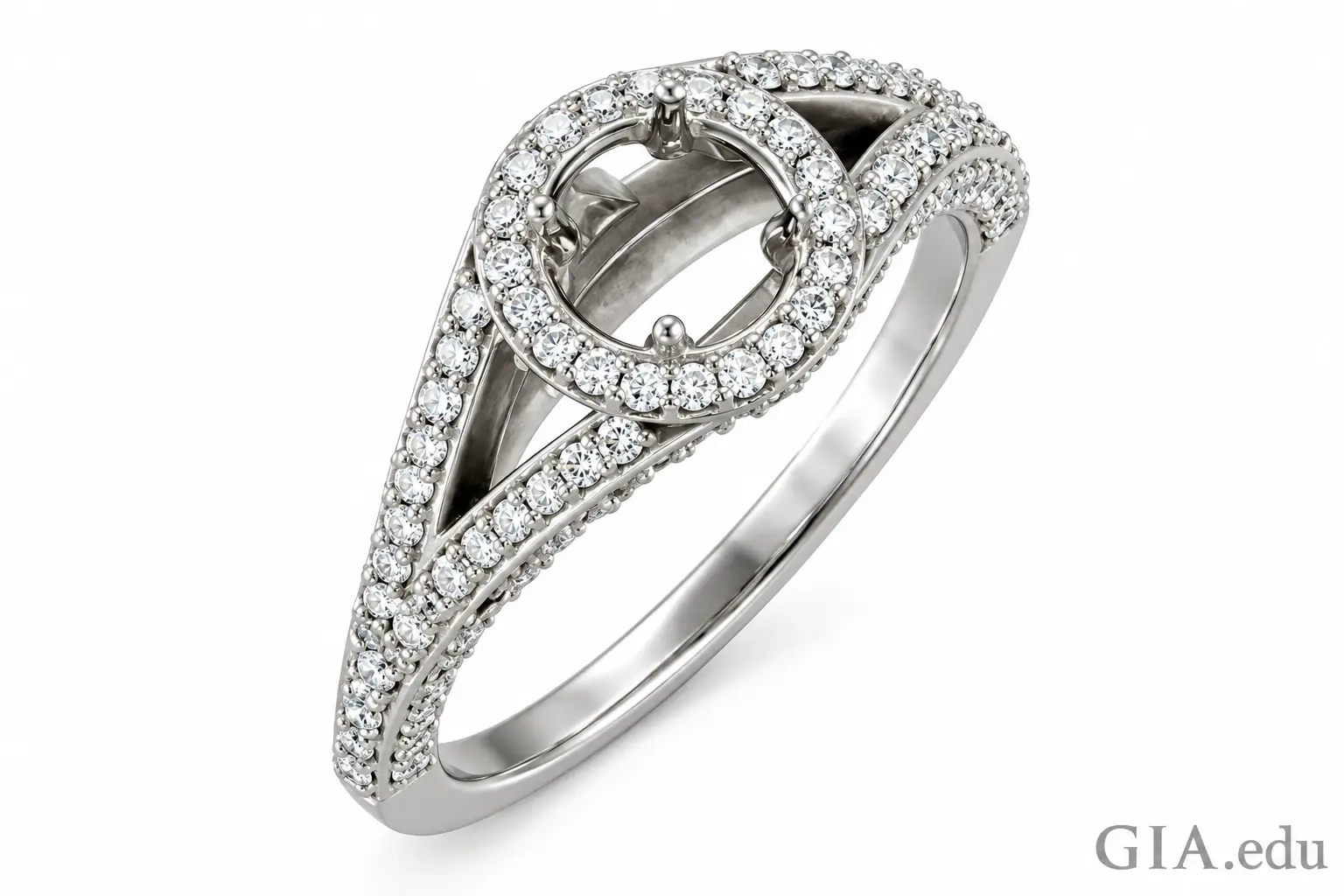 Detailed view of an empty white gold halo mounting with individual accent diamonds, split shoulders, and center stone support prongs