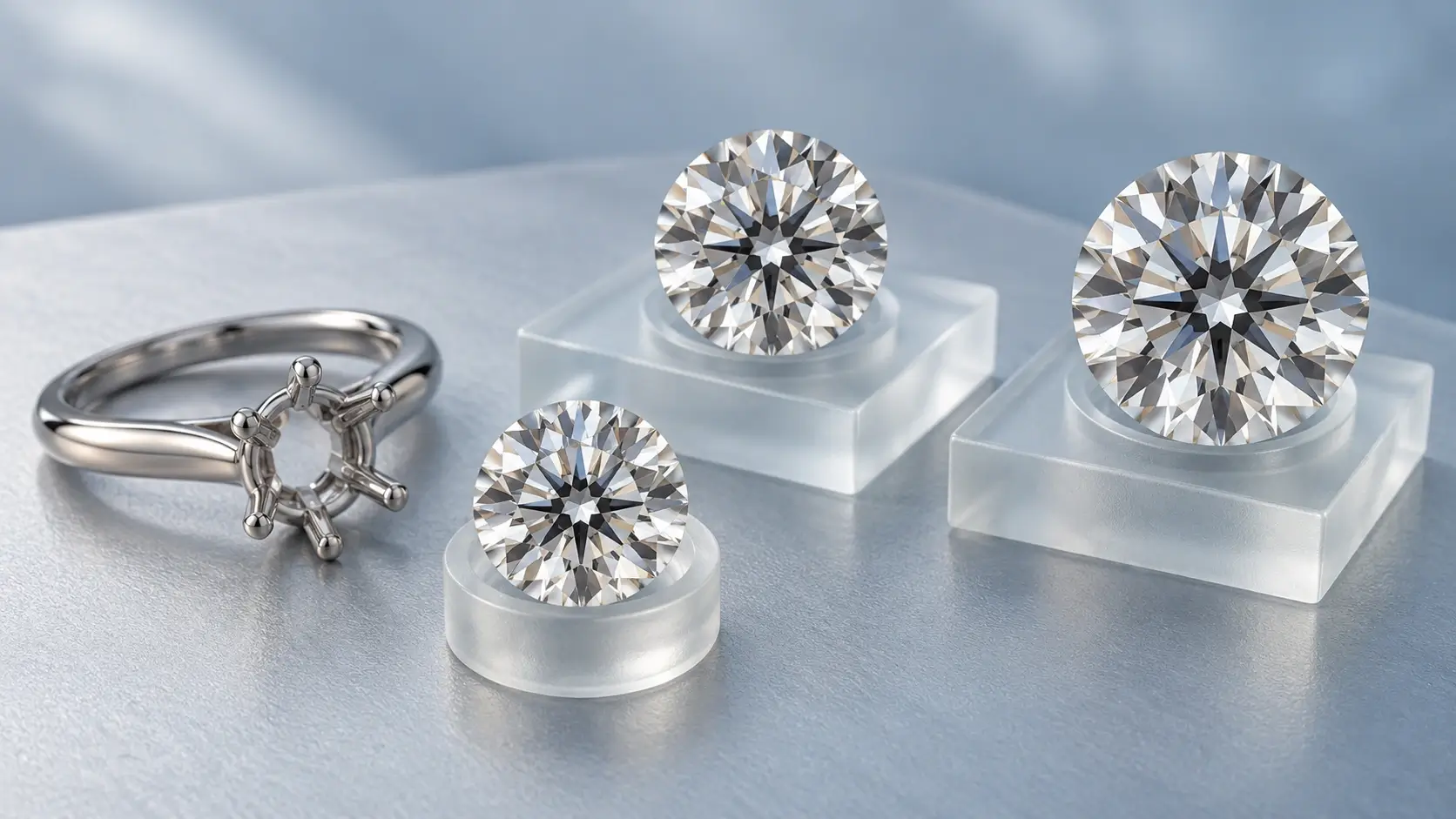 Original round diamond beside an empty platinum setting, with two larger replacement diamonds on separate frosted glass steps