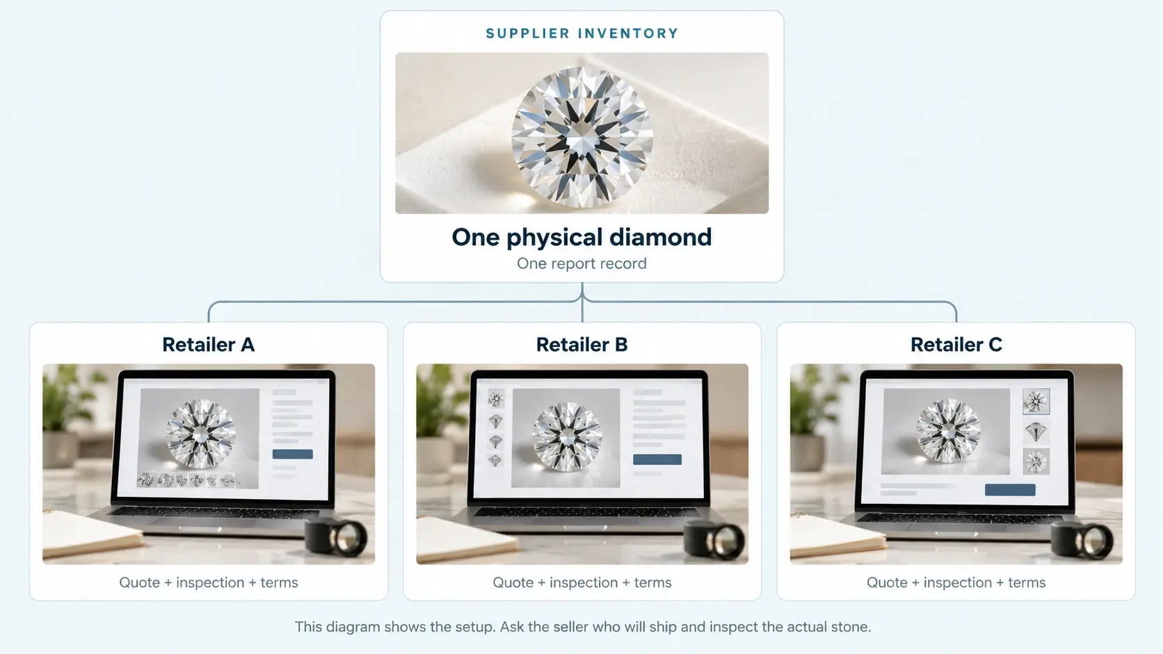 Supplier inventory: one physical diamond and one report record. Retailers A, B, and C each offer a quote, inspection, and terms. Ask the seller who will ship and inspect the actual stone.