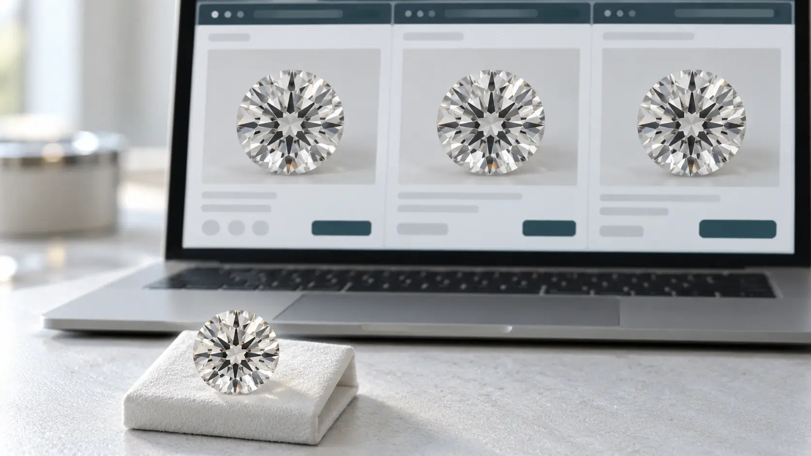 One loose round diamond in front of a laptop displaying the same diamond in three online listings