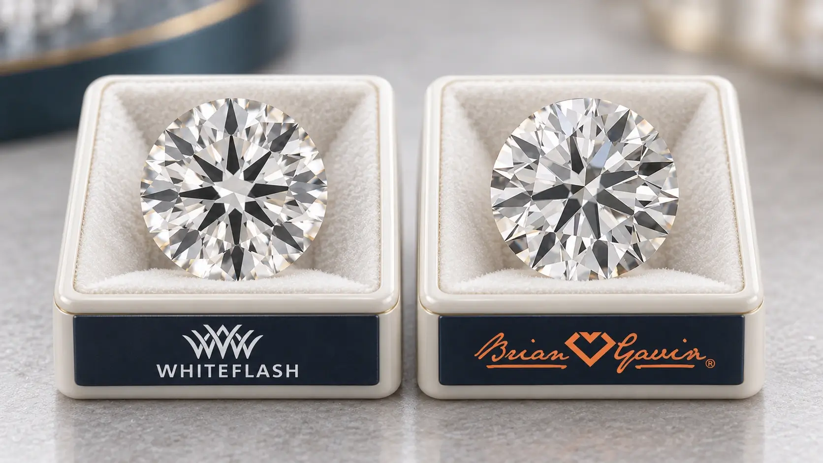 Two round diamonds on ivory comparison holders with Whiteflash and Brian Gavin logos