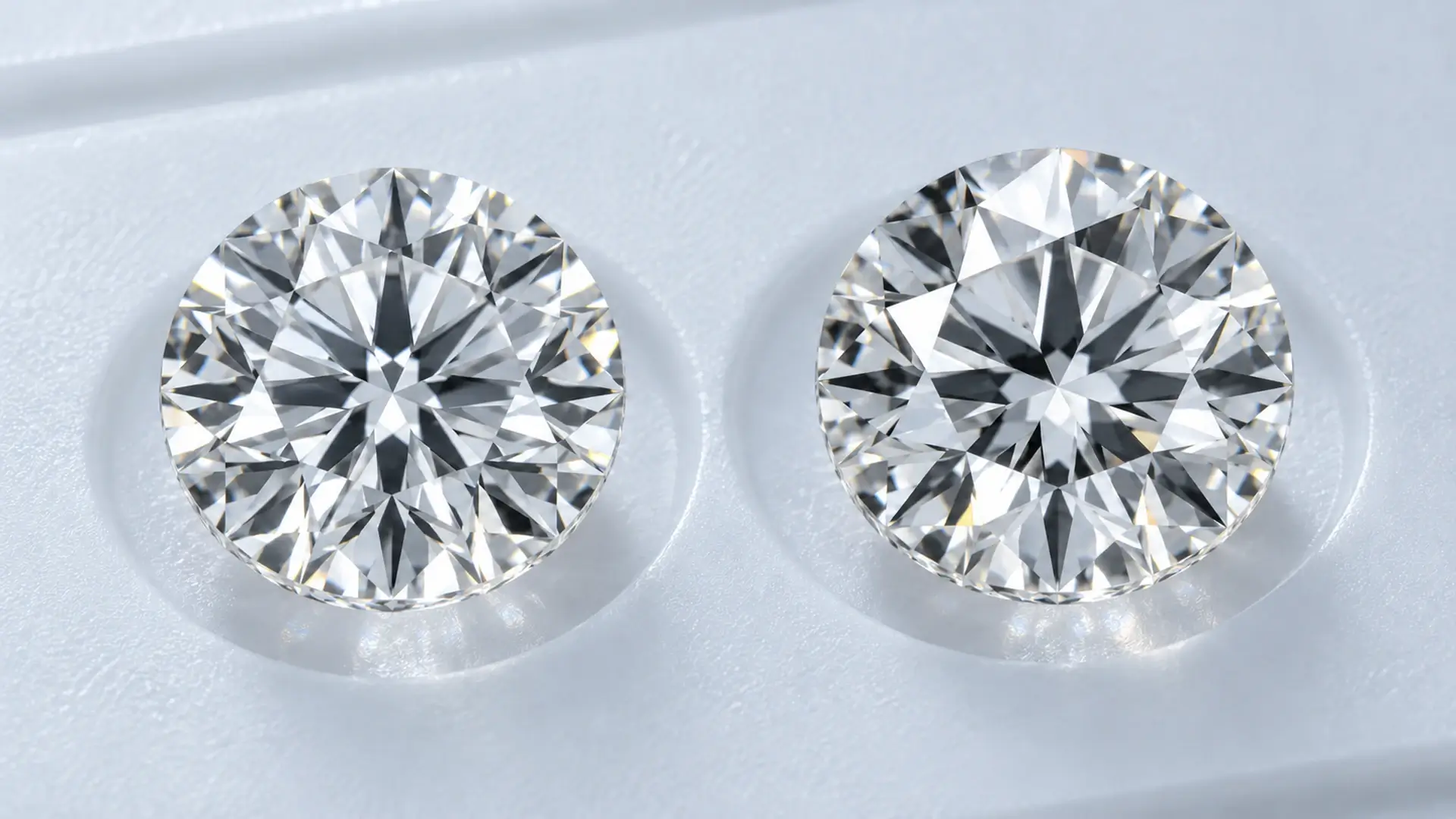 Two loose round diamonds under the same light showing different facet contrast patterns