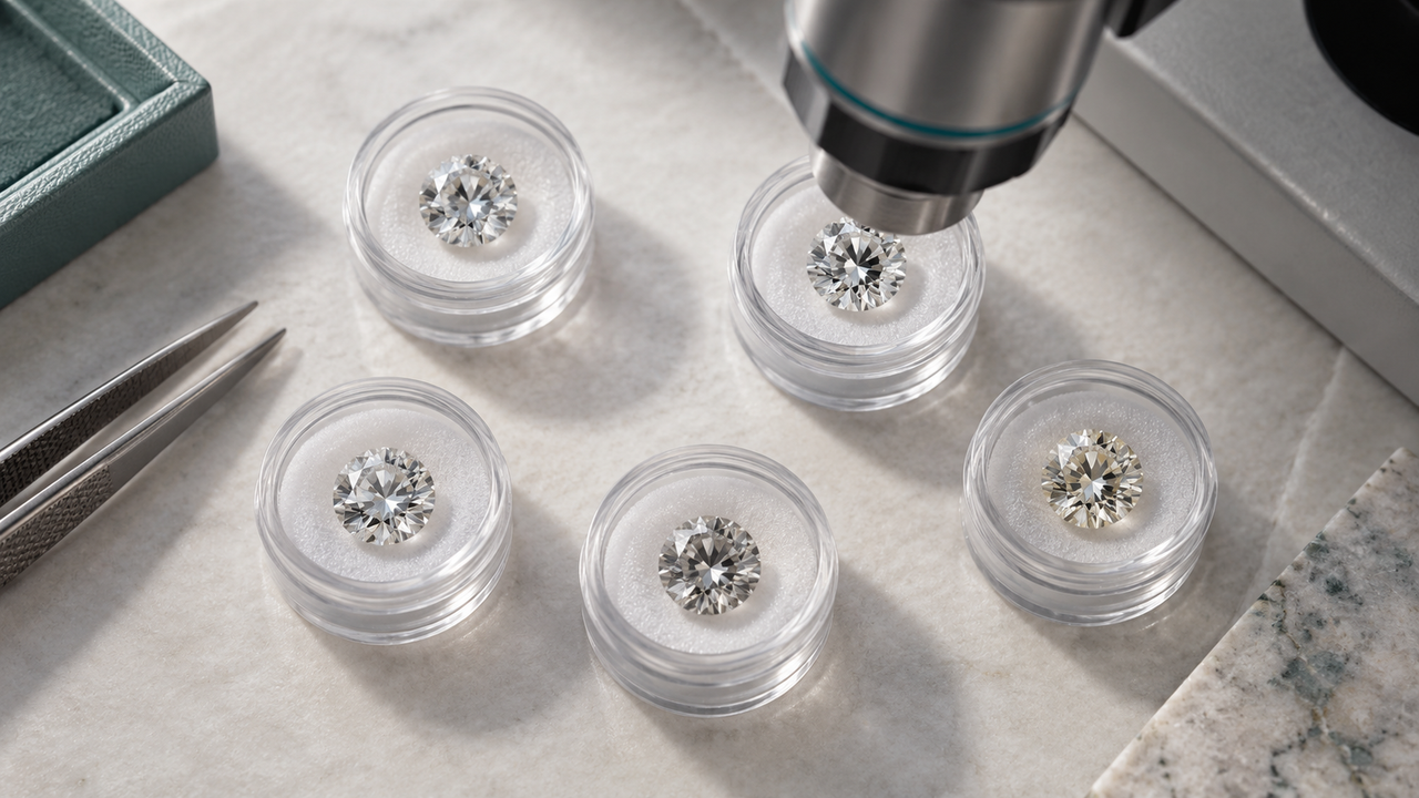 Five unmarked specimen capsules and a microscope objective on a pale laboratory surface
