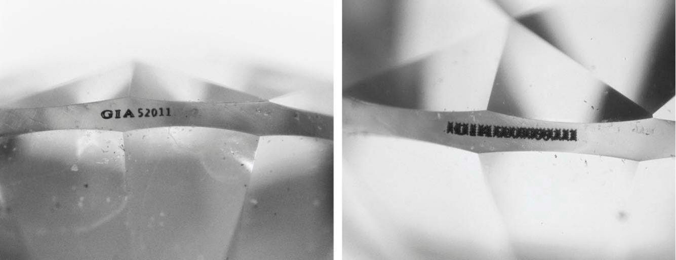 Microscope views of the fraudulent moissanite inscription before and after GIA obscured it