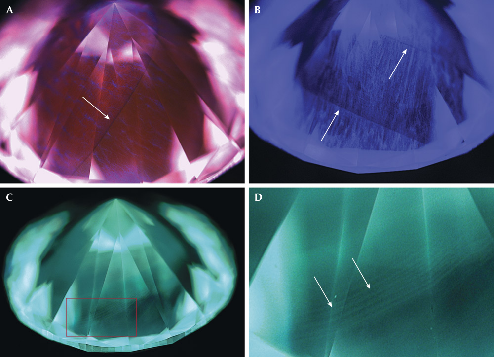 Four DiamondView panels showing interruption layers and striations in submitted CVD diamonds 3 and 4