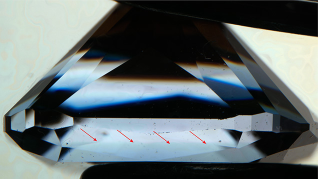 GIA immersion photograph showing the colored CVD layer on the natural diamond substrate