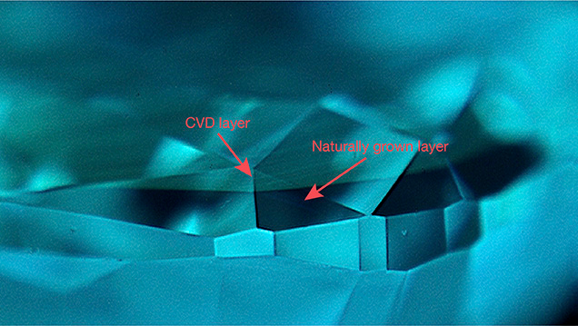 GIA DiamondView image labeling the CVD layer and naturally grown layer of the composite diamond