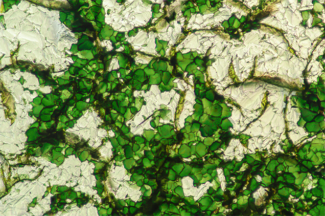 Microscope view of interlocking green chromium oxide plates on the rough diamond