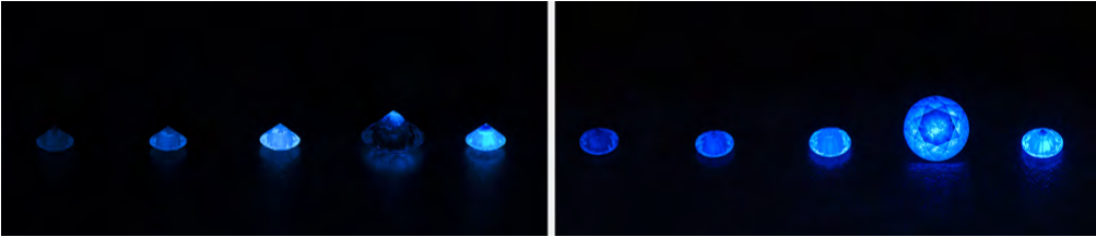 GIA culet and face up ultraviolet views of a diamond with localized fluorescence